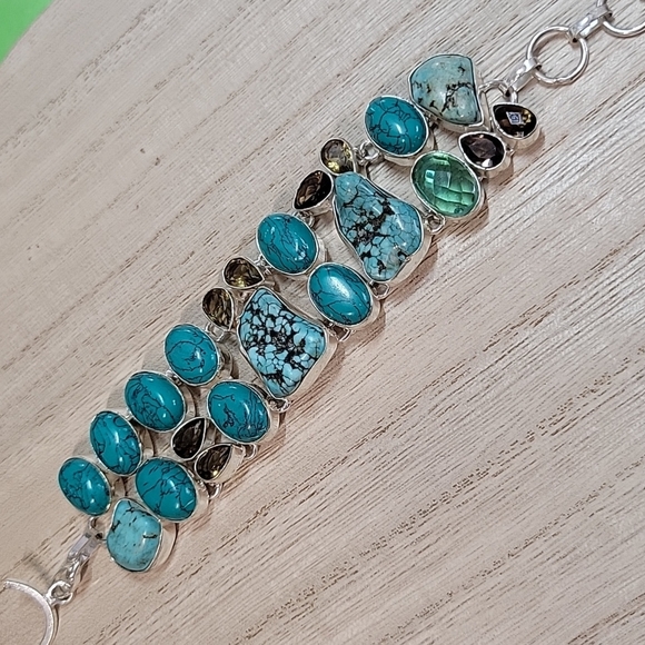 Turquoise Howlite Chocolate Quartz Natural Gemstone S925 Bracelet - Picture 5 of 10